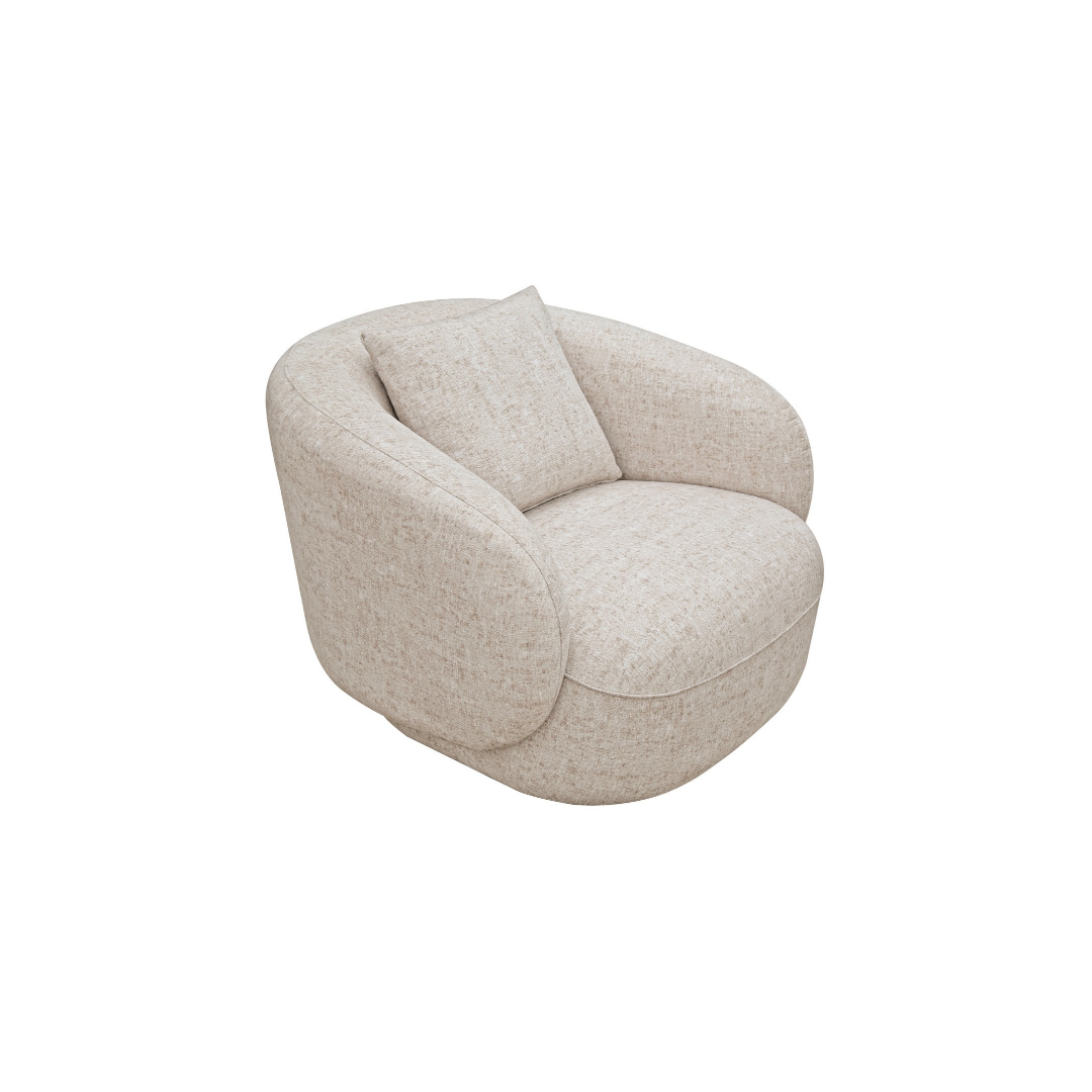 Valo curved 360-degree swivel chair sandy oat woven fabric with fully wrapped arm design and matching cushion, NZ Furniture Warehouse Penrose Auckland