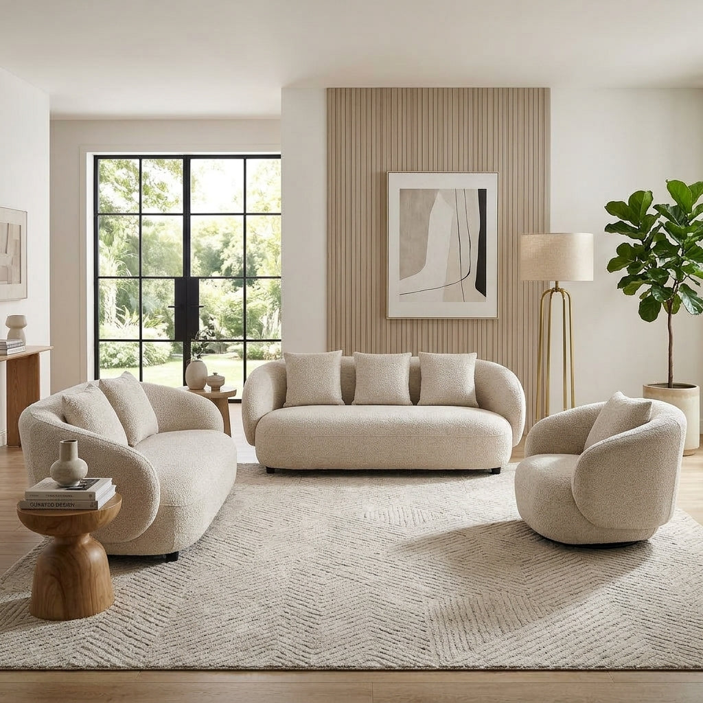 Valo curved sofa set 3+2+1 configuration in sandy oat woven fabric styled in a modern NZ open-plan living room, 360 swivel chair included, NZ Furniture Warehouse Penrose Auckland
