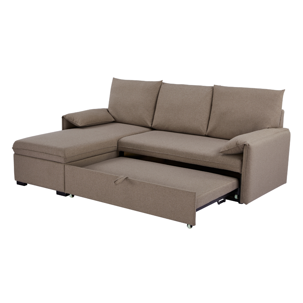 Vigo Beige/Brown sofa bed with a pull-out bed on a white background