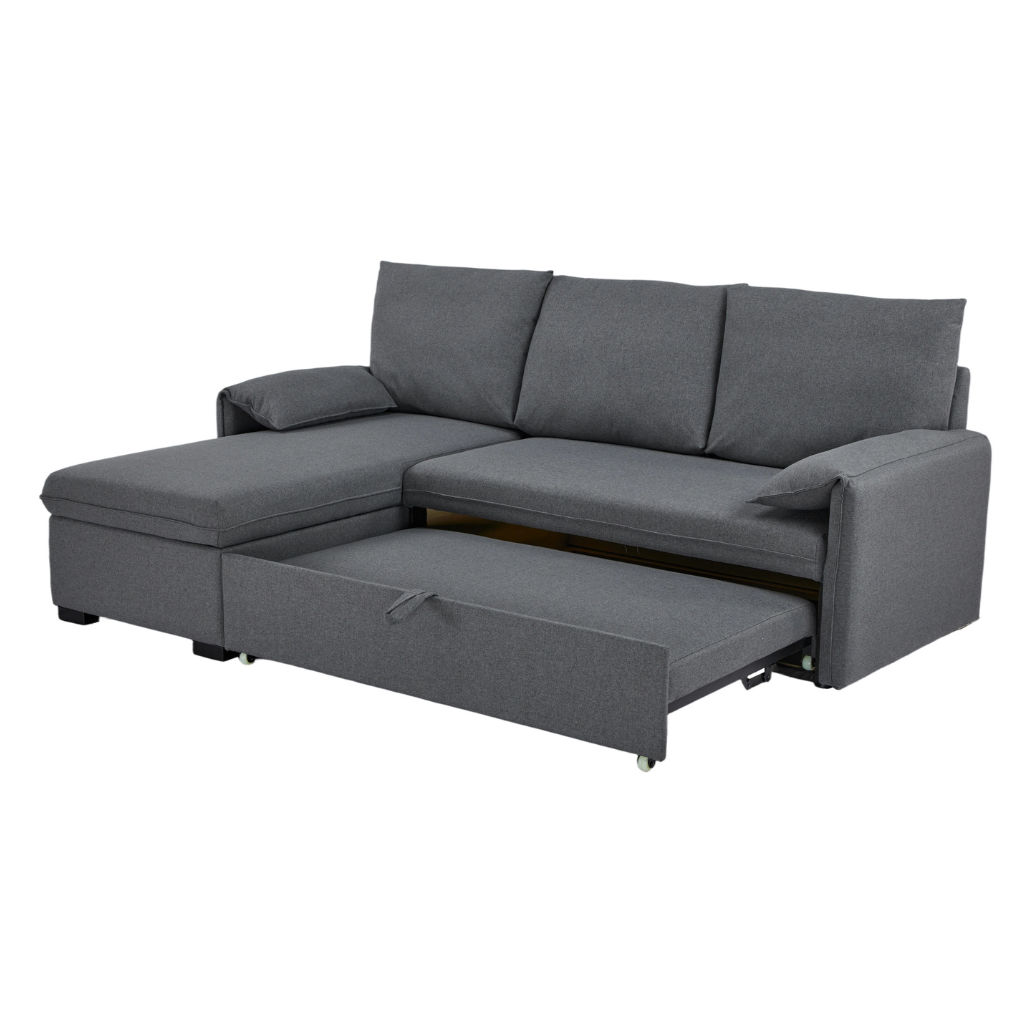 Vigo Sofa Bed Grey Pullout Chaise showing extended pull out bed mechanism on wheels converted into a bed suite