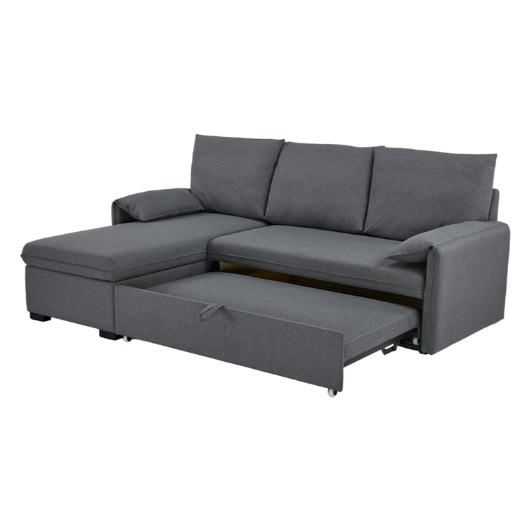 Vigo Sofa Bed Grey Pullout Chaise showing extended pull out bed mechanism on wheels converted into a bed suite