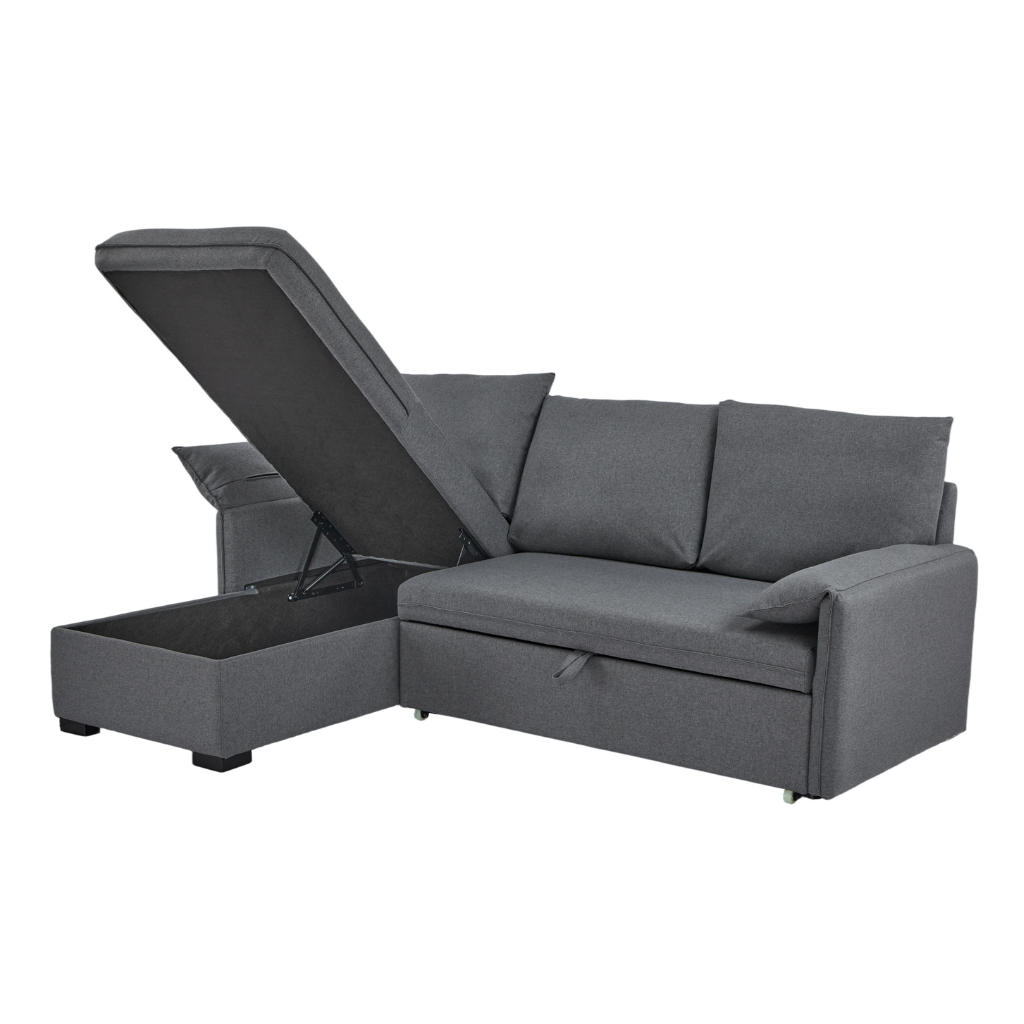 Vigo Sofa Bed Grey showing gas lift storage compartment open inside the chaise for bedding storage at NZ Furniture Warehouse
