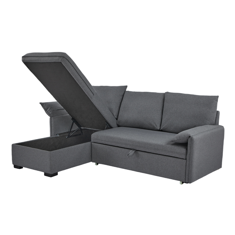 Vigo Sofa Bed Grey showing gas lift storage compartment open inside the chaise for bedding storage at NZ Furniture Warehouse