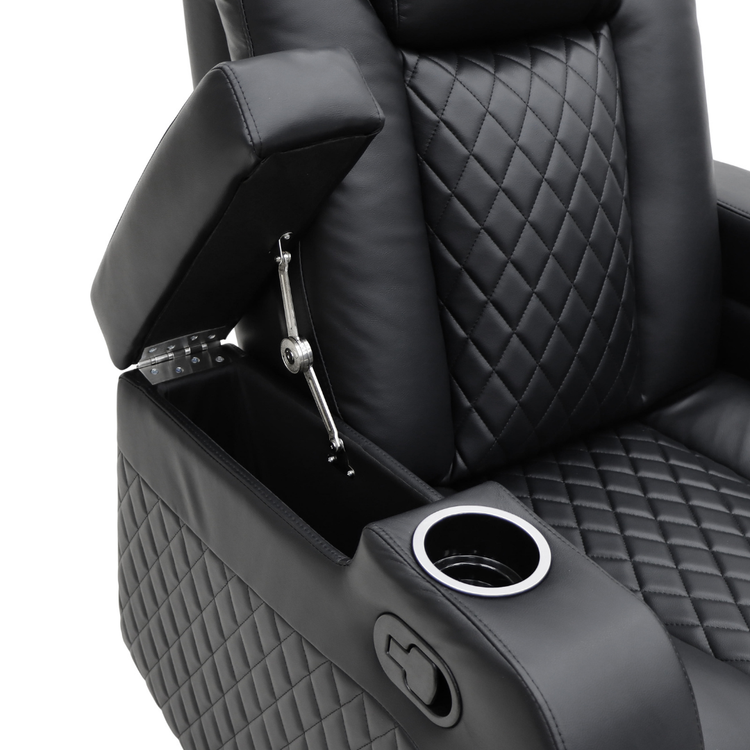 Hidden armrest storage compartment on Volda recliner sofa