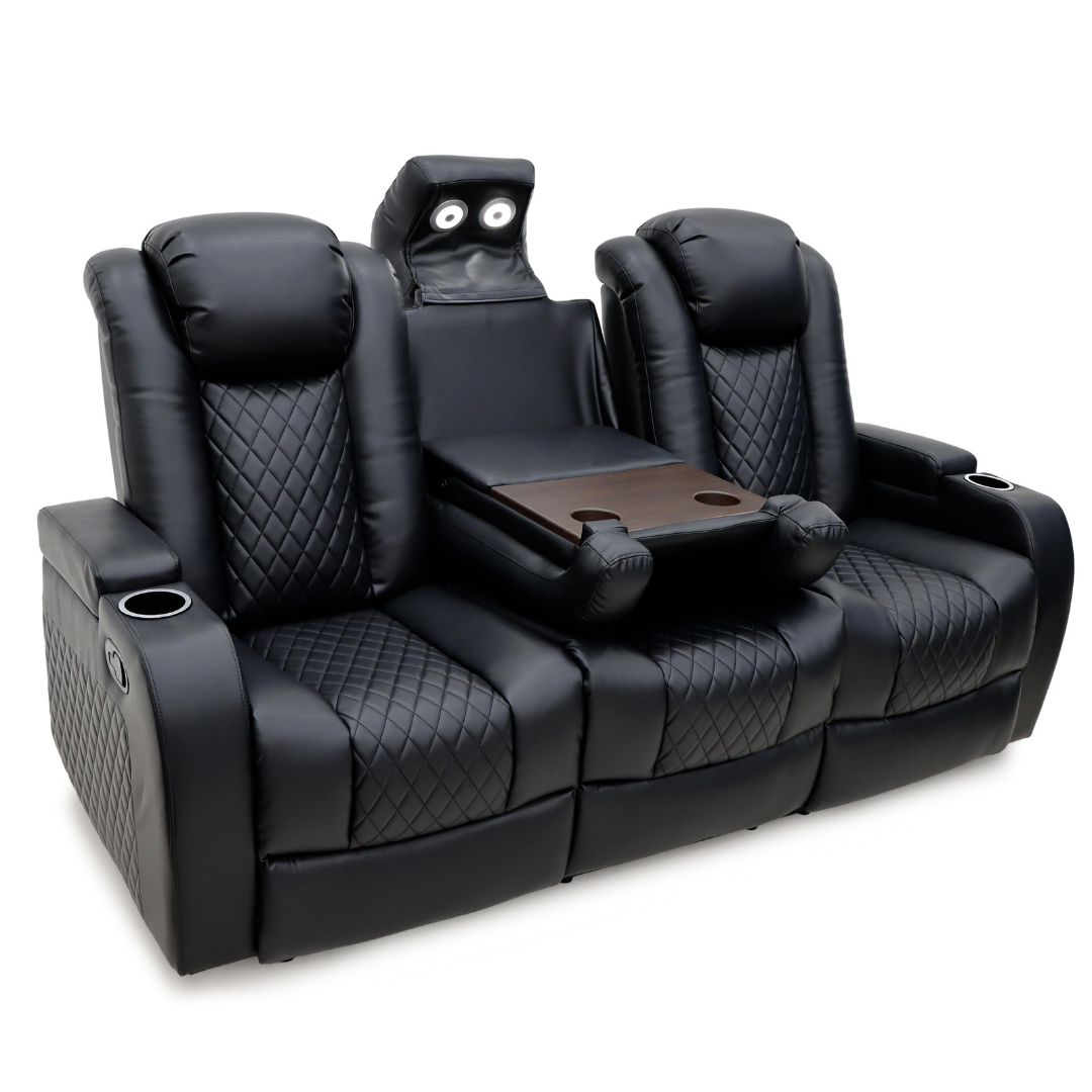 Dropdown Console with solid wood table and reading lights on Volda sofa