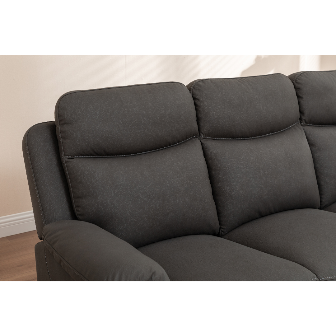 Close-up of the texture and feel of the Rhino Lux fabric on the Voss recliner sofa.