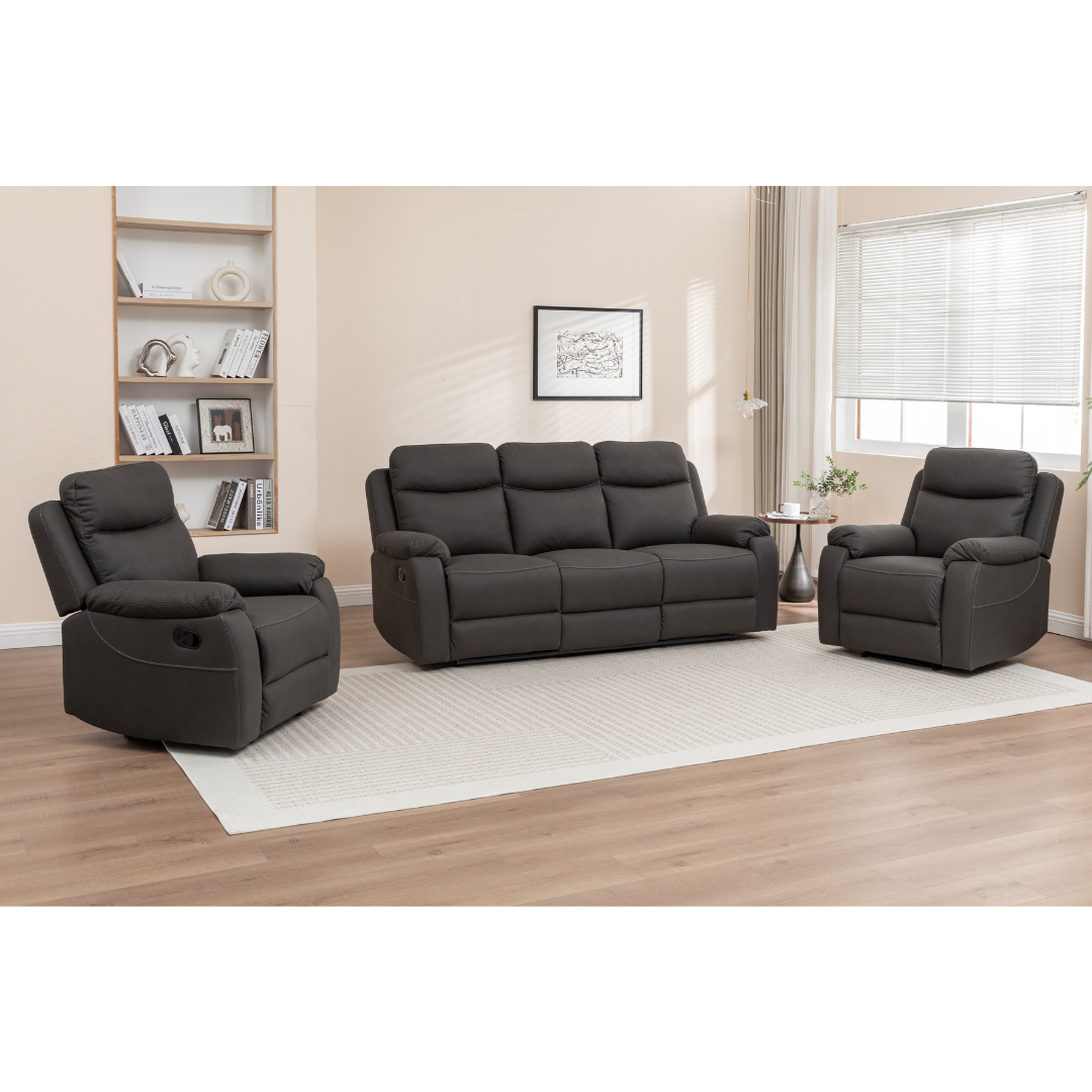 Voss Recliner Sofa Set – 3-seater sofa and two single recliners in dark grey Rhino Lux fabric.