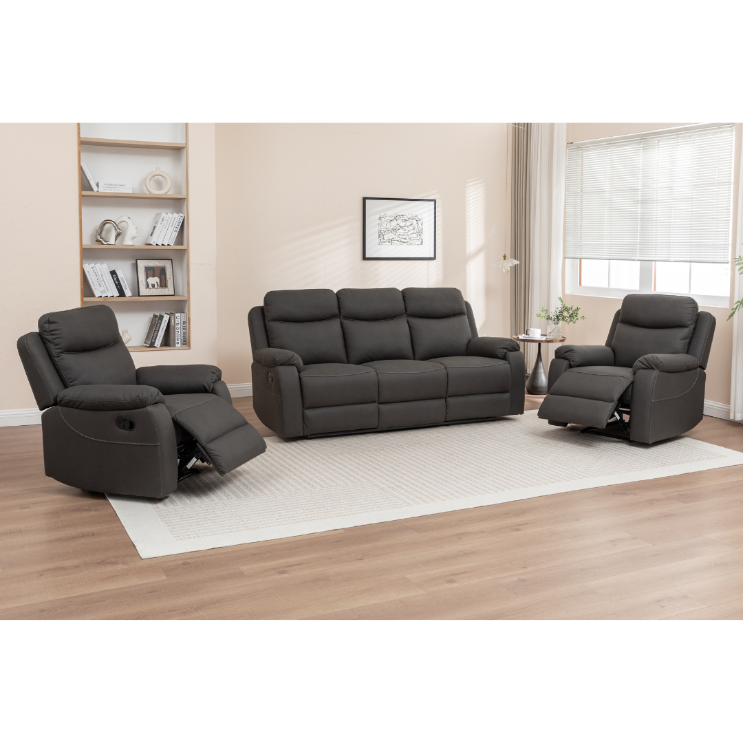 Voss dark grey recliner set with 3 seater recliners closed, showing plush cushions.