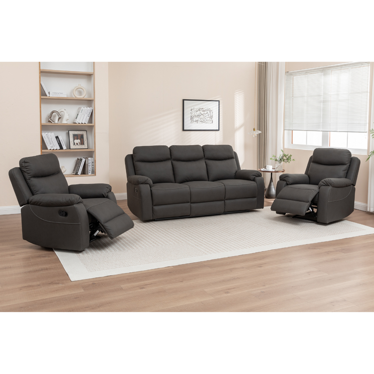 Voss dark grey recliner set with 3 seater recliners closed, showing plush cushions.