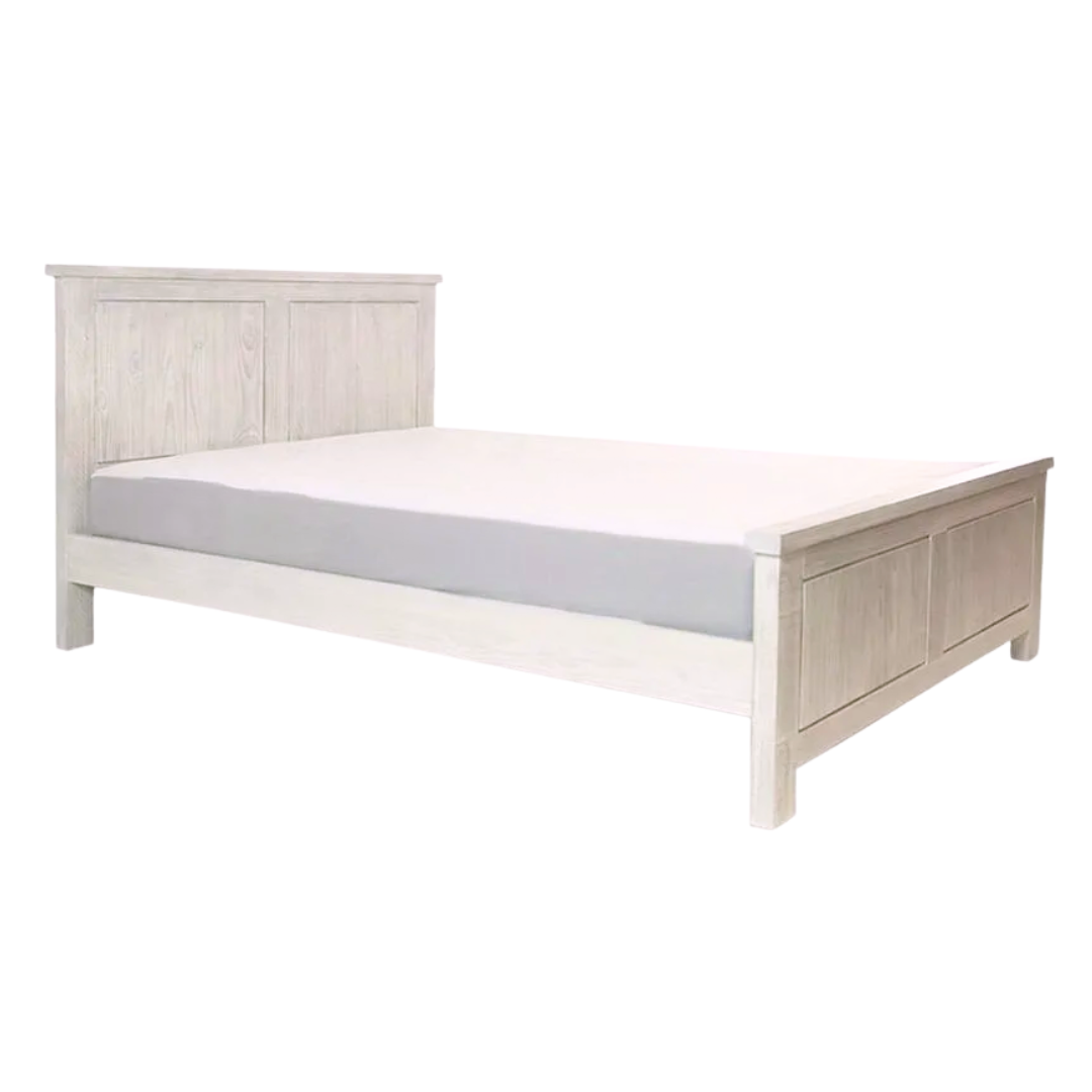 Bedframe in Solid Acacia Wood with whitewashed finish and paneled headboard.
