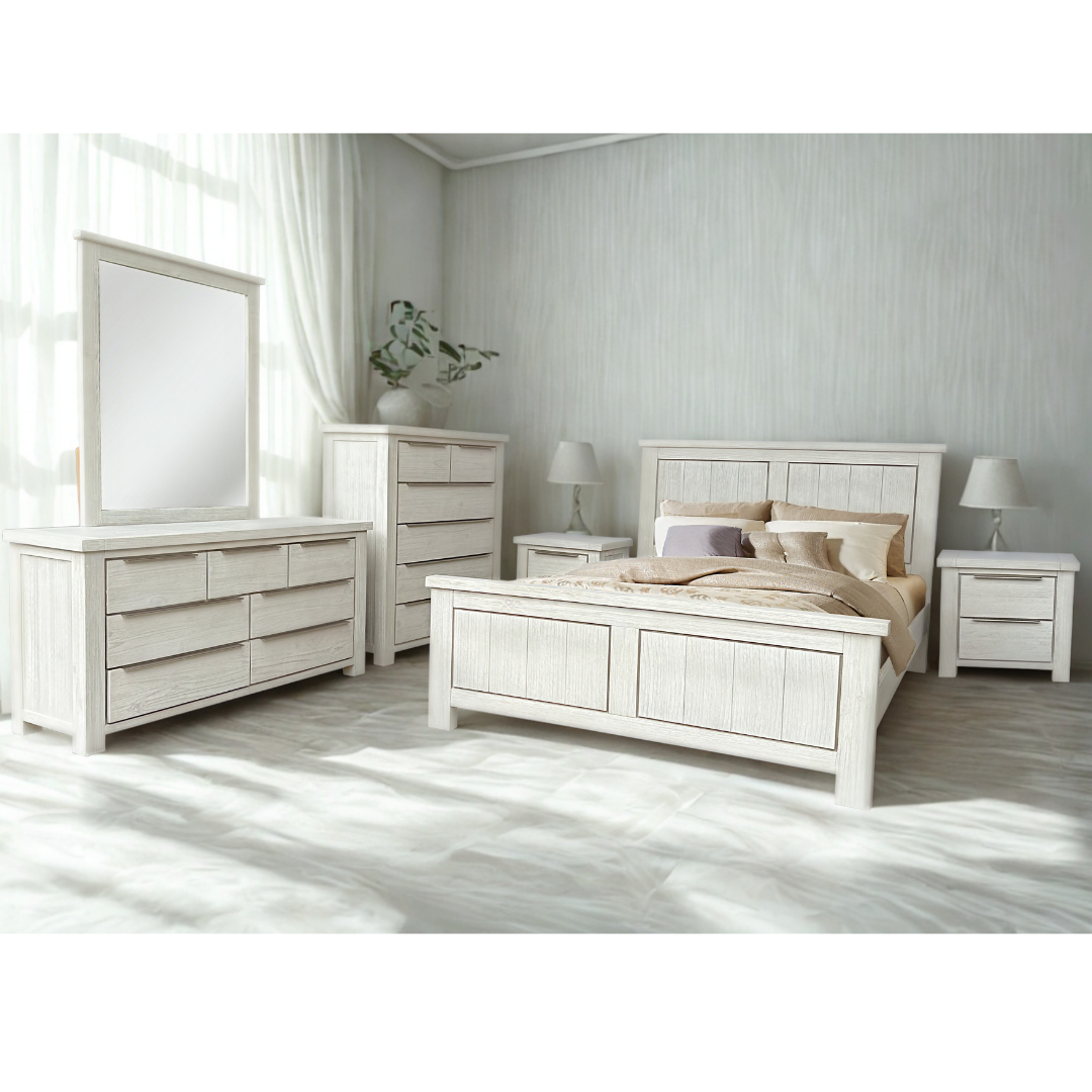 Bedroom furniture set made from Acacia wood, featuring a whitewashed finish.