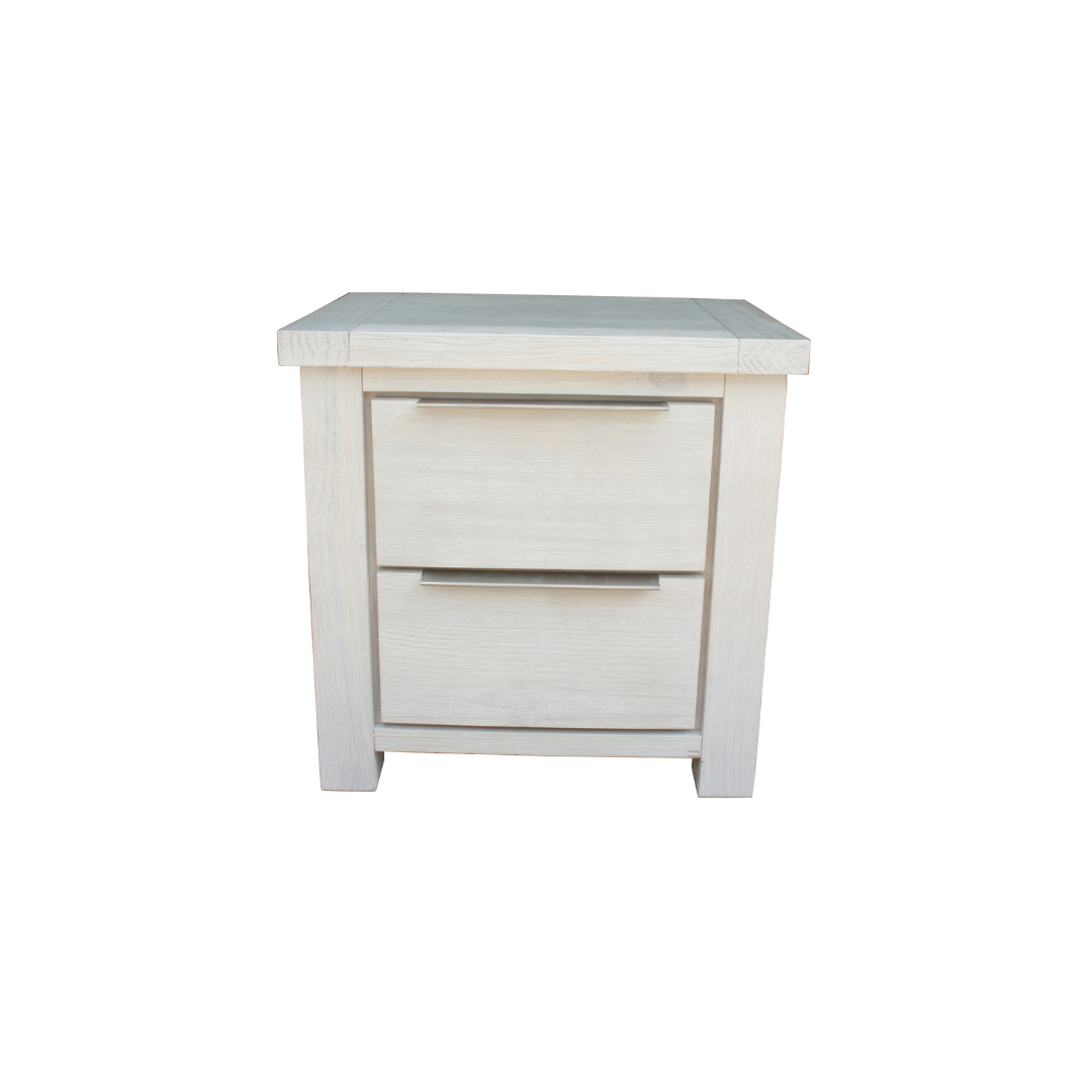 Bedside Table in Solid Acacia Wood with whitewashed finish and compact storage drawer.
