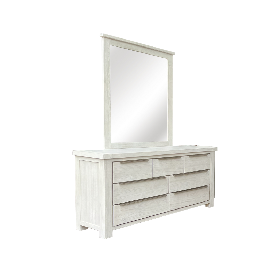 Dresser with Mirror in Solid Acacia Wood with whitewashed finish and clean design.