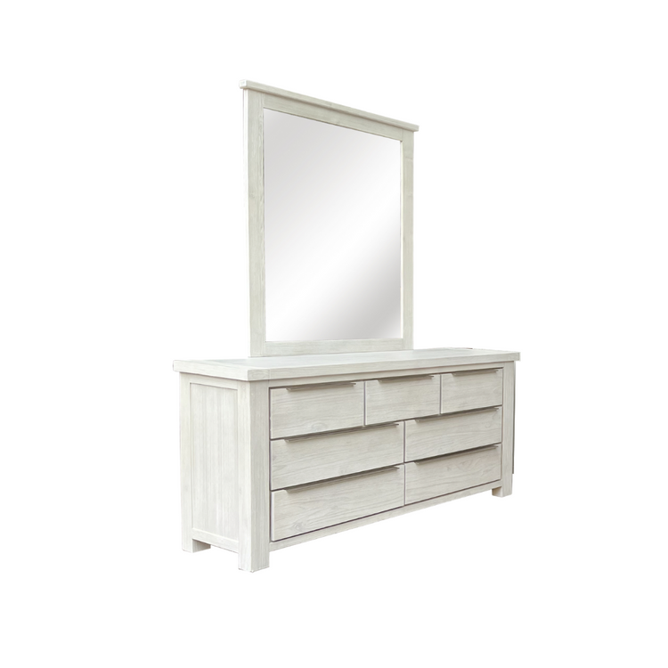 Dresser with Mirror in Solid Acacia Wood with whitewashed finish and clean design.