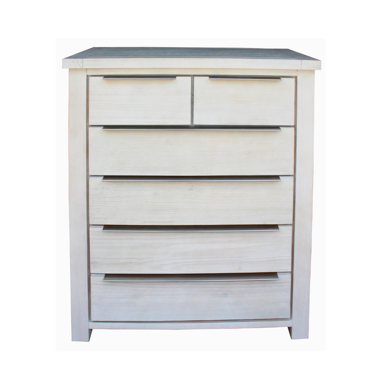 Tallboy in Solid Acacia Wood featuring whitewashed finish and spacious drawers.
